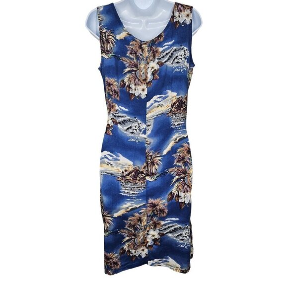 90s Hilo Hattie‎ Hawaiian Tropical Print Sleeveless Sheath Dress Side Tie Blue M - Picture 2 of 11